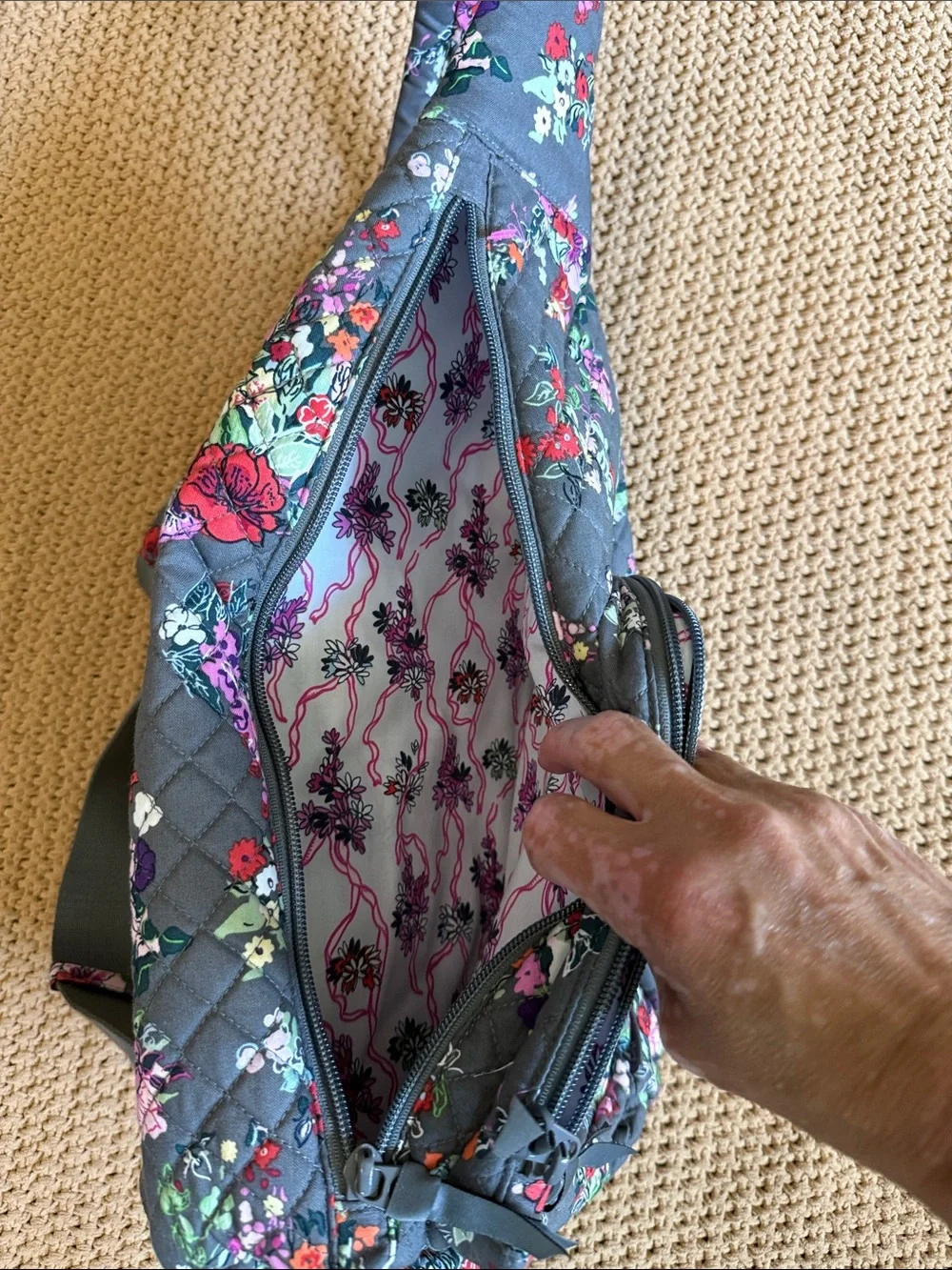 Vera Bradley Gray Quilted Floral Sling Backpack with Pink & Red Accents NWOT